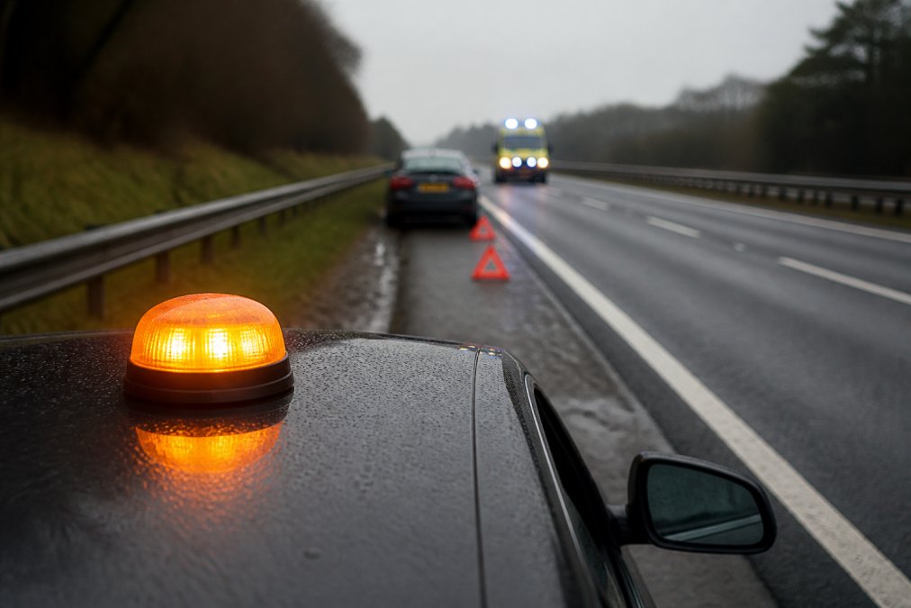 DGT 3.0 Compliant Beacon Requirements 2026 A stationary vehicle on a motorway hard shoulder with an active emergency beacon flashing its LED warning lights, traditional warning triangles visible in the background, and emergency services vehicle approaching in the distance