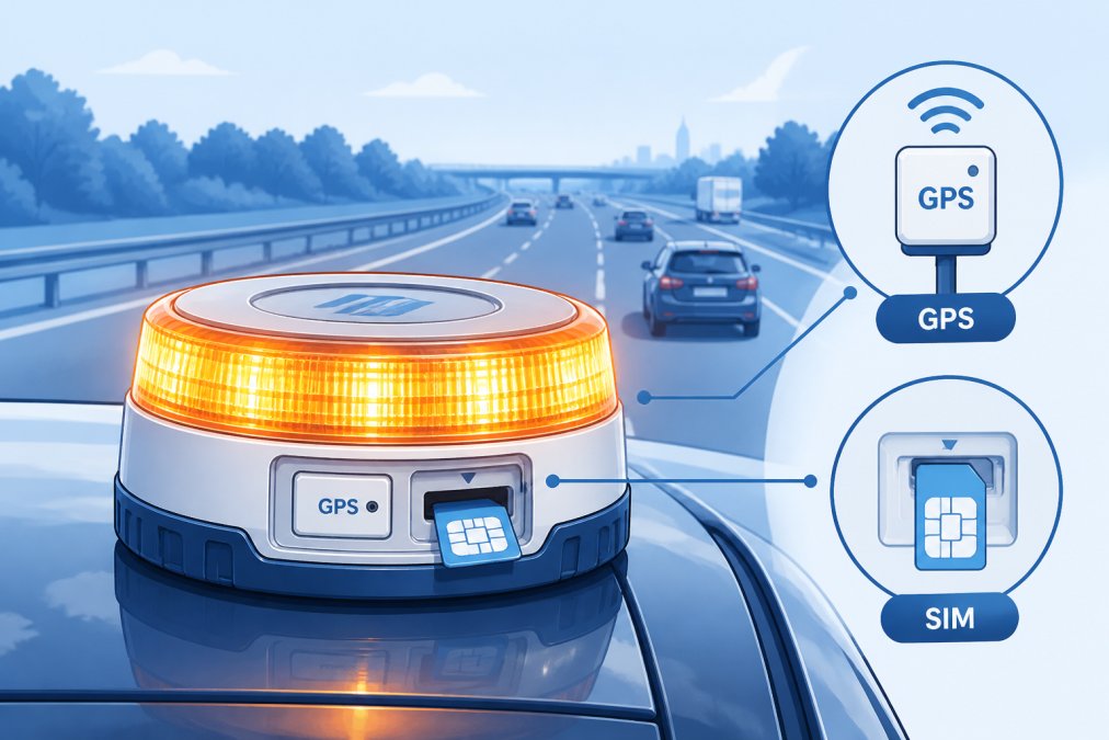DGT 3.0 Compliant Beacons for Spain: 2026 Guide Close-up of a V-16 beacon mounted on a vehicle roof with the flashing orange light activated, showing the GPS antenna and SIM card slot visible on the device, photographed during daylight with a motorway visible in the background