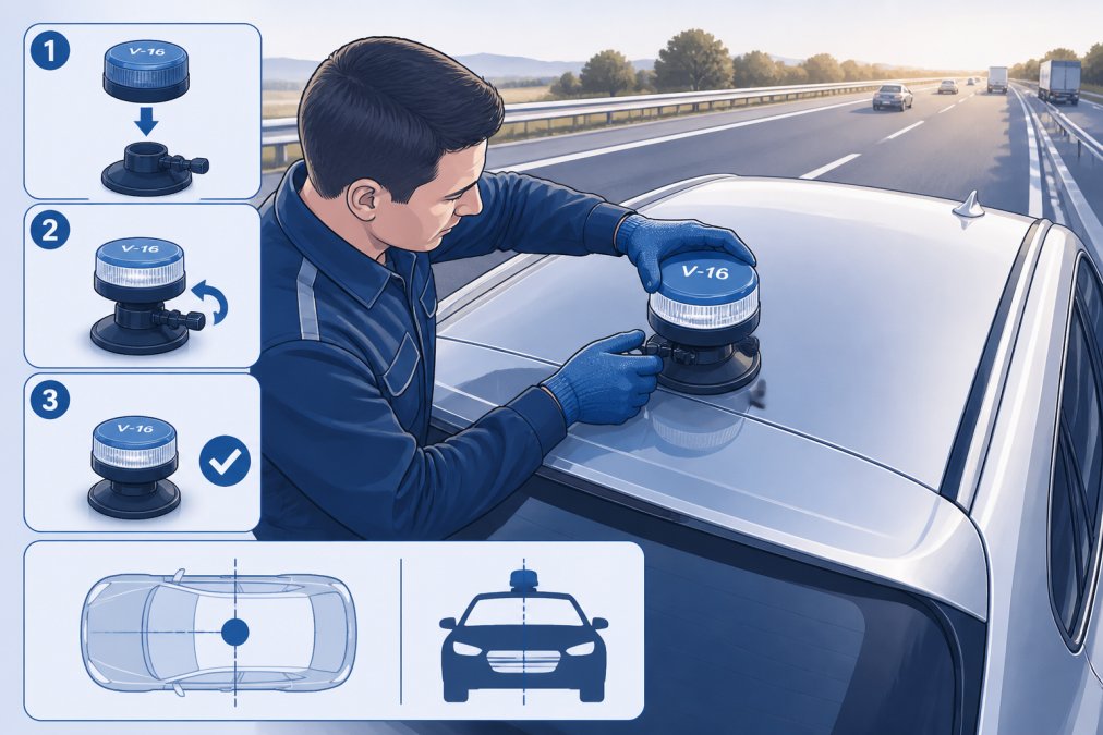 DGT 3.0 Compliant Beacons for Spain: 2026 Guide A mechanic installing a V-16 beacon on the roof of a silver car using a suction cup mount, showing the proper positioning and tightening of the mounting hardware, photographed from above with the motorway visible in the soft afternoon light