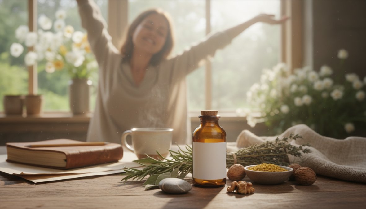 Close-up of a person's hands holding a small supplement capsule near a glass of water on a clean white countertop, with soft natural light streaming in from a nearby window