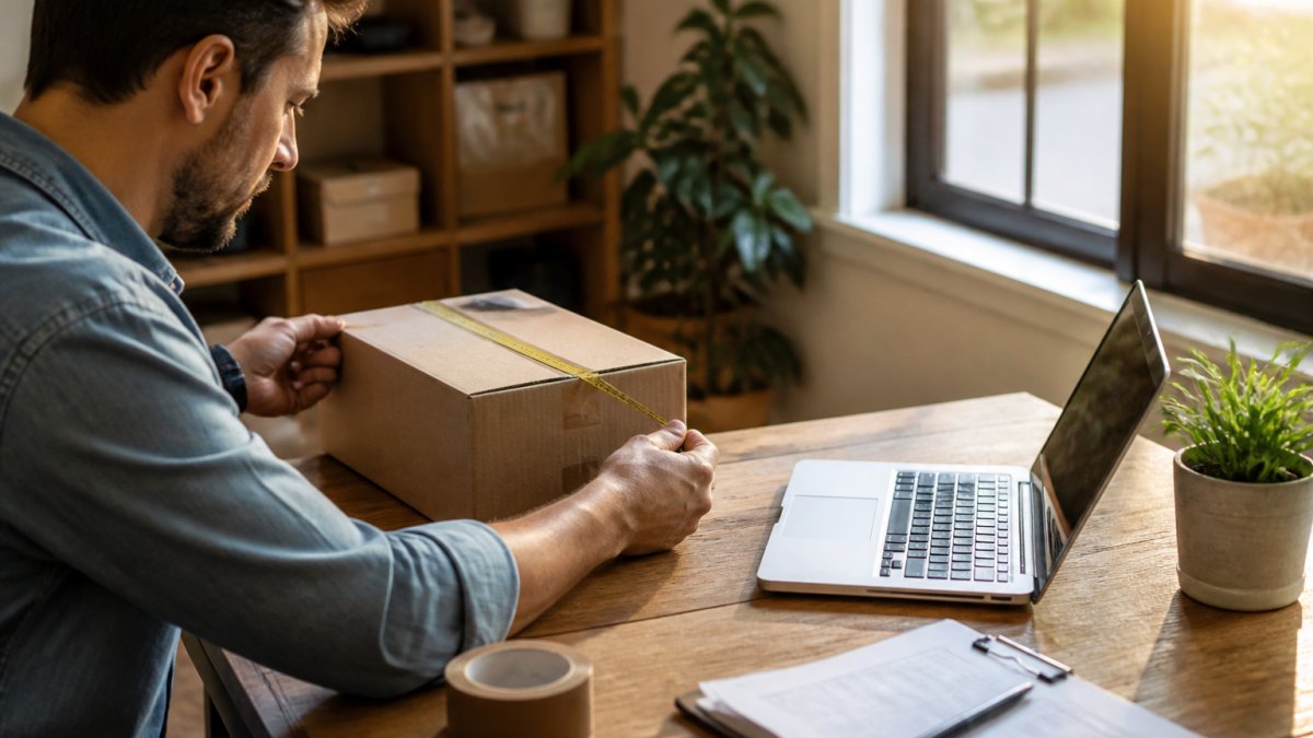 A person at a home office desk entering package dimensions into a laptop shipping calculator, cardboard box and tape measure beside the keyboard, warm afternoon light through a window