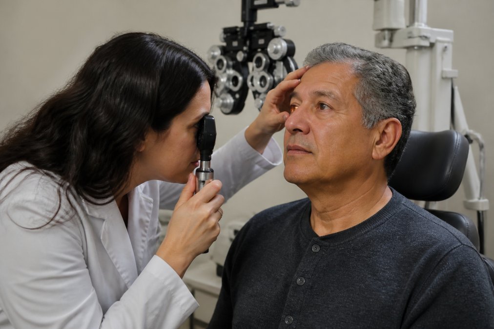 An eye doctor examining a patient's dilated eye with an ophthalmoscope in a modern clinic room, patient looking forward calmly, medical equipment visible