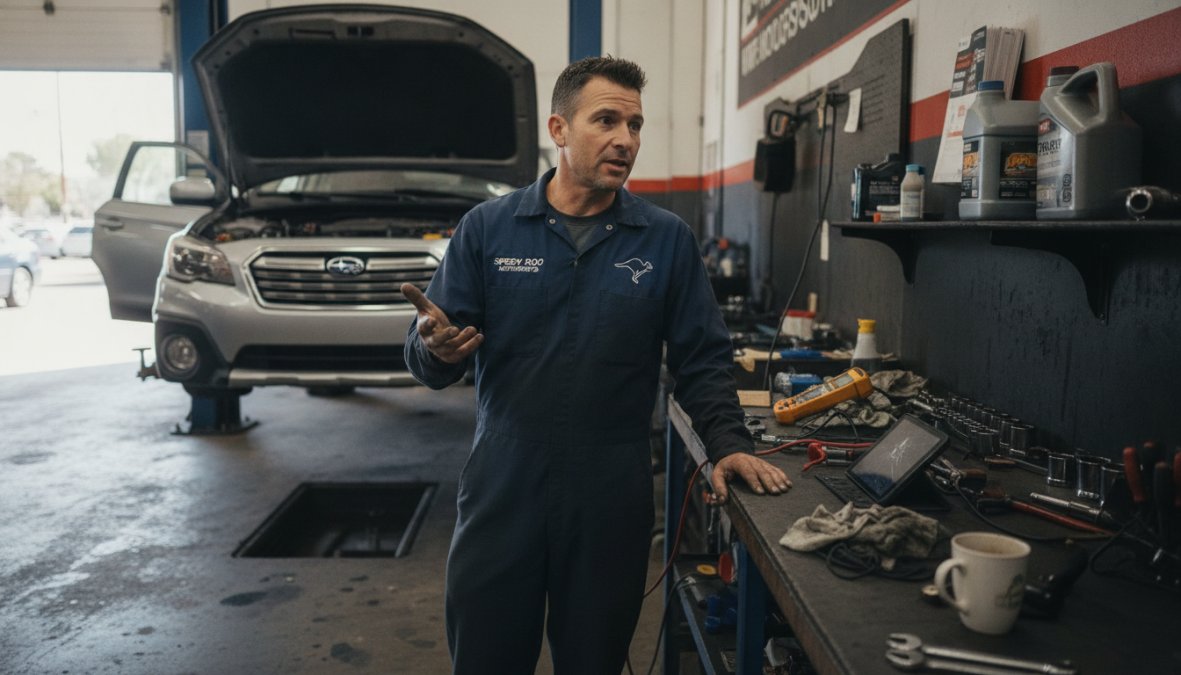 A customer speaking with a mechanic in a repair shop, gesturing while describing a car problem, with the vehicle visible in the background