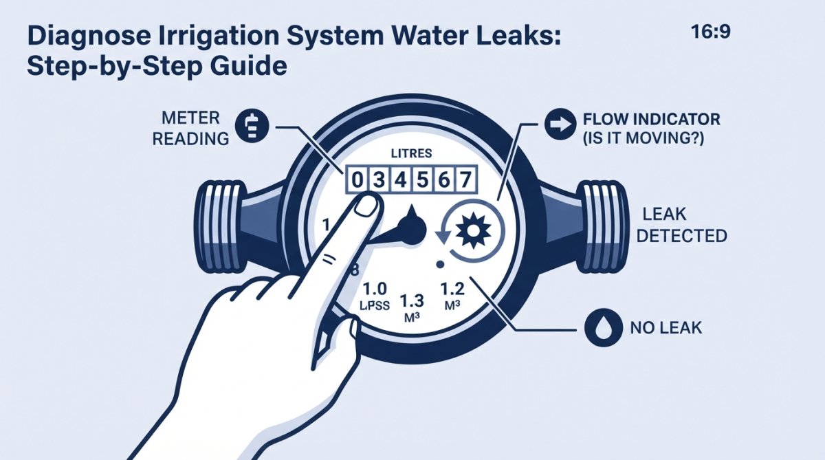 Process diagram showing steps for diagnose irrigation system water leaks