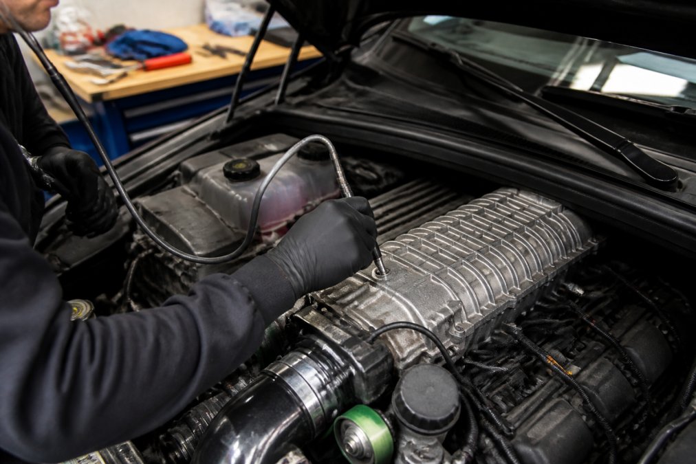 Mechanic using a stethoscope to diagnose supercharger noise on a V8 engine in a garage