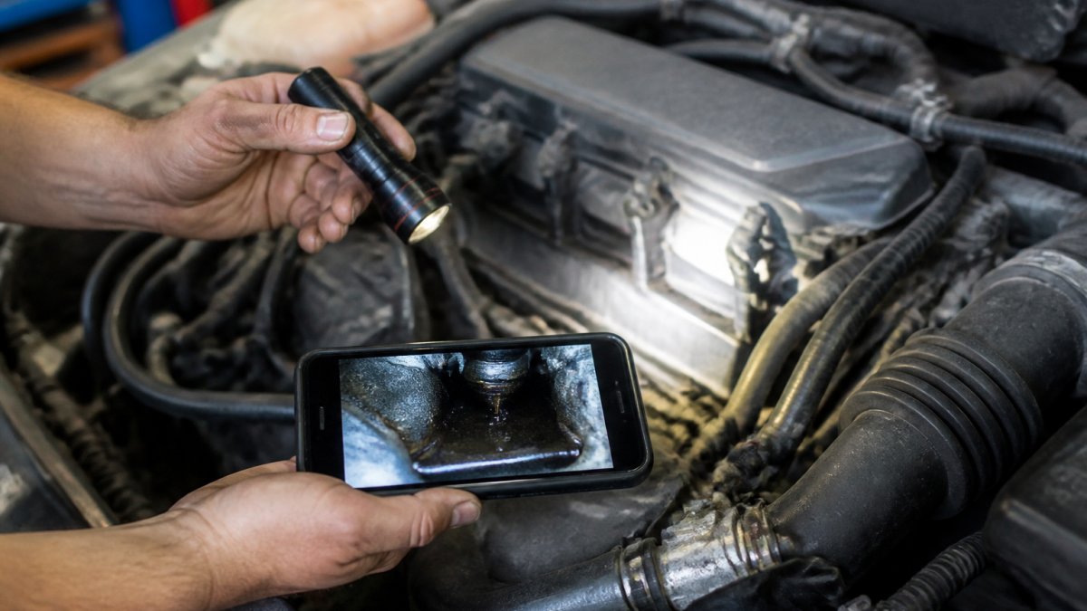 Close-up of a person's hands holding a flashlight while inspecting a car engine bay, with a smartphone nearby showing a photo of a fluid leak