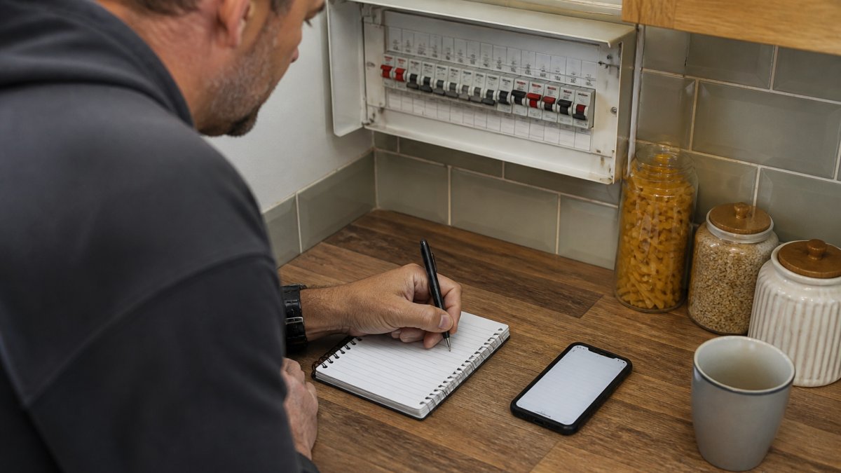 Close-up of a homeowner writing notes in a small notebook beside a consumer unit, with a pen and a phone showing a notes app on a kitchen worktop