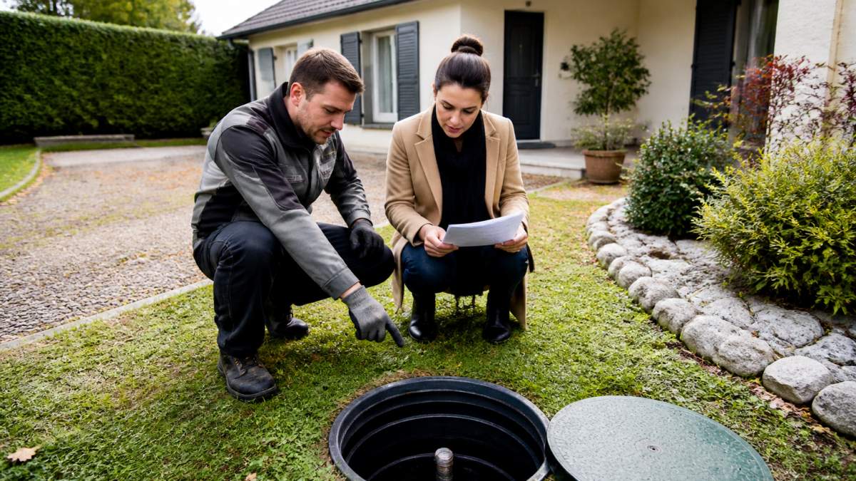 Un propriétaire et un technicien en assainissement examinant ensemble l'accès à une installation d'assainissement extérieure devant une maison résidentielle, documents en main