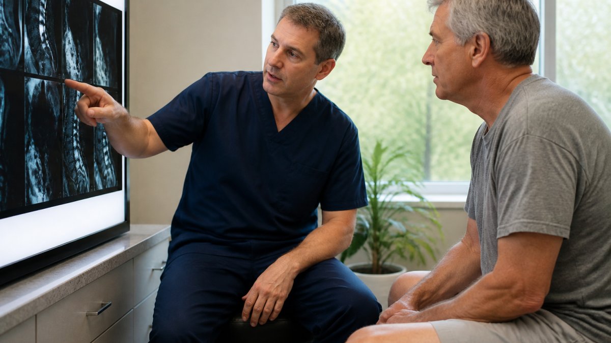 Doctor discussing diagnostic imaging for chronic nerve pain with a patient in a clinical consultation room.
