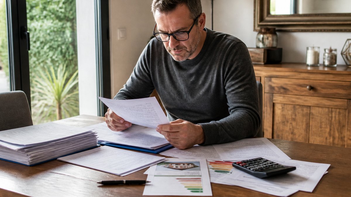 Propriétaire examinant des documents diagnostiques et des certificats sur une table en bois, avec dossiers, stylo et calculatrice visibles, lumière naturelle