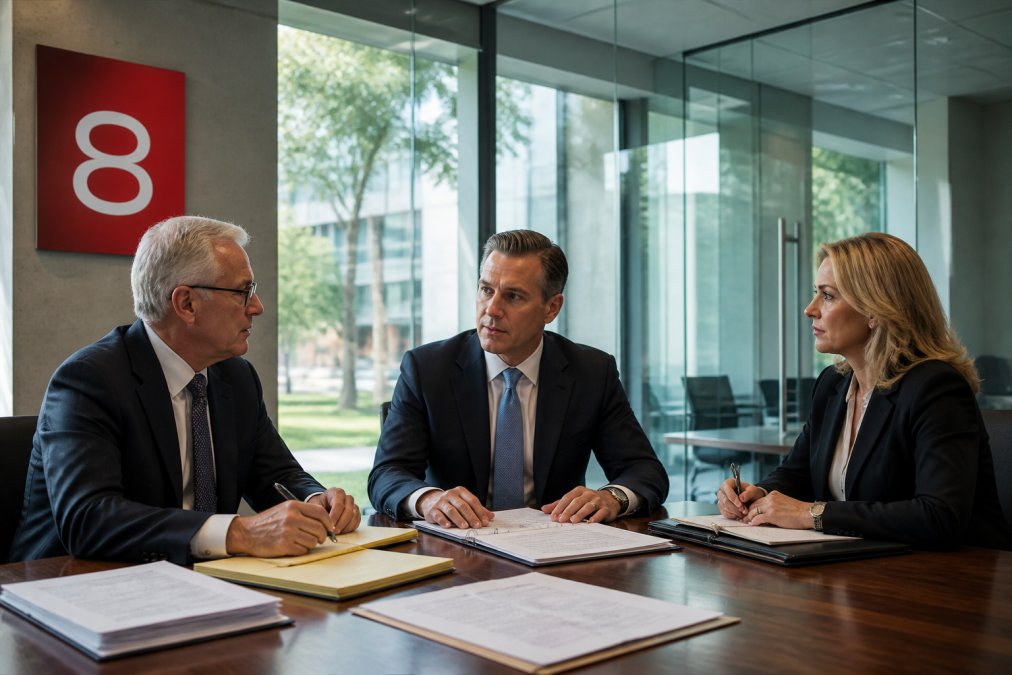 Senior procurement executives and compliance officers reviewing contract documents and digital compliance dashboards in a secure conference room with glass walls and natural lighting, discussing strategy with notepads visible