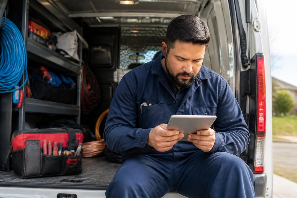 Plumber using automated booking software on a tablet to compare Dialzara vs Avoca workflow efficiency