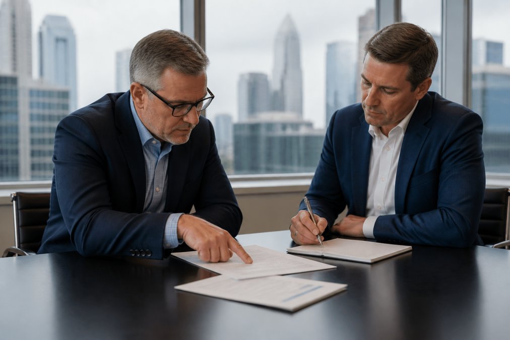 Two financial advisors in a glass-walled conference room reviewing documents on a table, one pointing at a page while the other takes notes, city skyline visible through the window