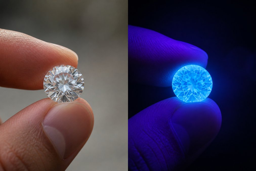Close-up of a diamond under natural daylight showing brilliant sparkle and fire, then the same diamond under black light glowing bright blue, illustrating the fluorescence effect invisible to the naked eye in normal conditions