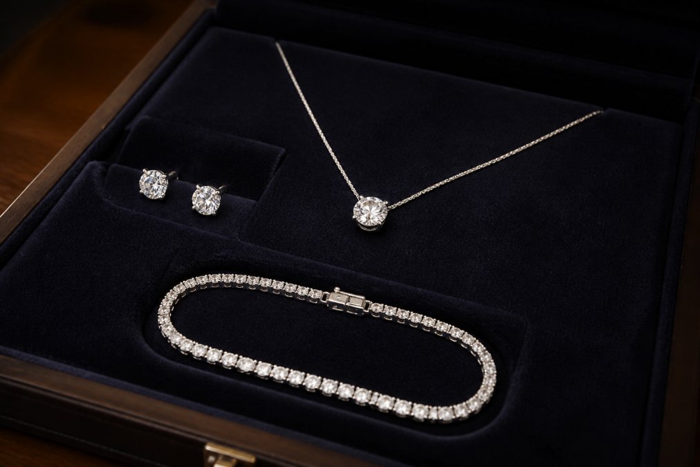 Close-up of a matching diamond jewellery set, pendant necklace, stud earrings and tennis bracelet, arranged on a dark velvet jewellery tray with soft warm lighting highlighting sparkle