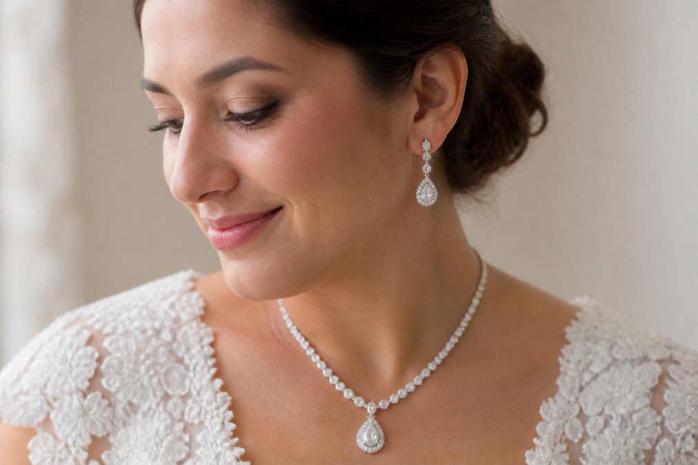 A woman wearing a coordinated diamond bridal jewellery set including a pendant necklace and drop earrings, photographed in natural light against a neutral background with elegant styling