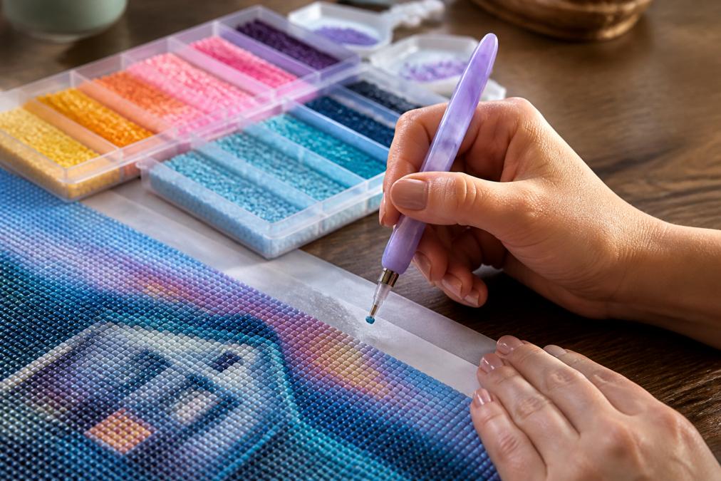 Close-up of hands positioning diamond painting drill pen over canvas with organized color trays visible, showing proper grip and alignment setup