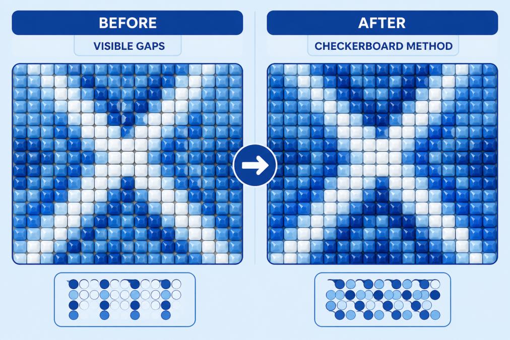 Side-by-side comparison showing diamond painting canvas section with visible gaps between drills on left, and the same section completely filled with proper drill placement using checkerboard method on right