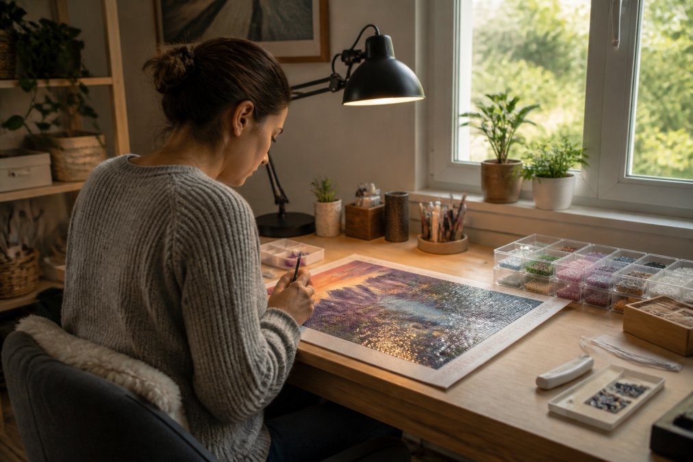 Person working on diamond painting at an ergonomically positioned desk with a bright desk lamp, organized supplies in small containers, and a serene workspace with minimal visible clutter