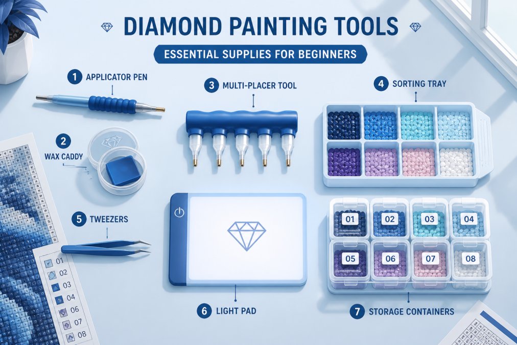 Flat lay of diamond painting supplies arranged on a craft table including applicator pen, wax caddy, multi-placer tool, sorting tray with organized colored drills, tweezers, light pad, and labeled storage containers with natural window lighting