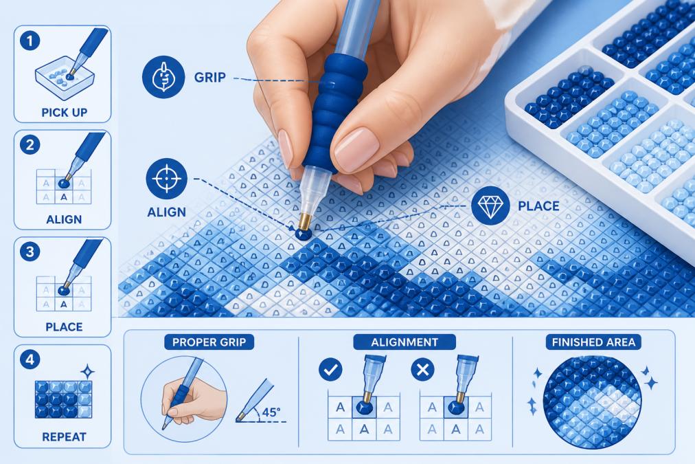 Close-up of hands using an applicator pen to place a diamond drill on a canvas with grid markings visible, showing proper grip and alignment technique with organized tray of drills in the background