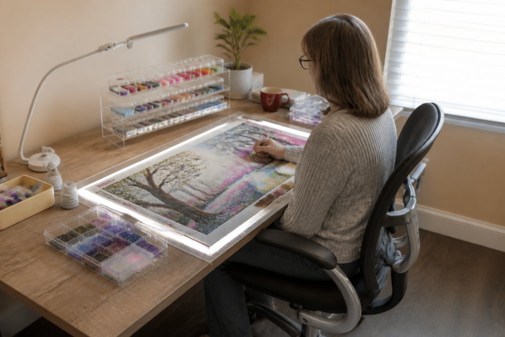 Person working on a large diamond painting canvas at a comfortable desk setup with a light pad, ergonomic chair, and organized drill storage containers visible