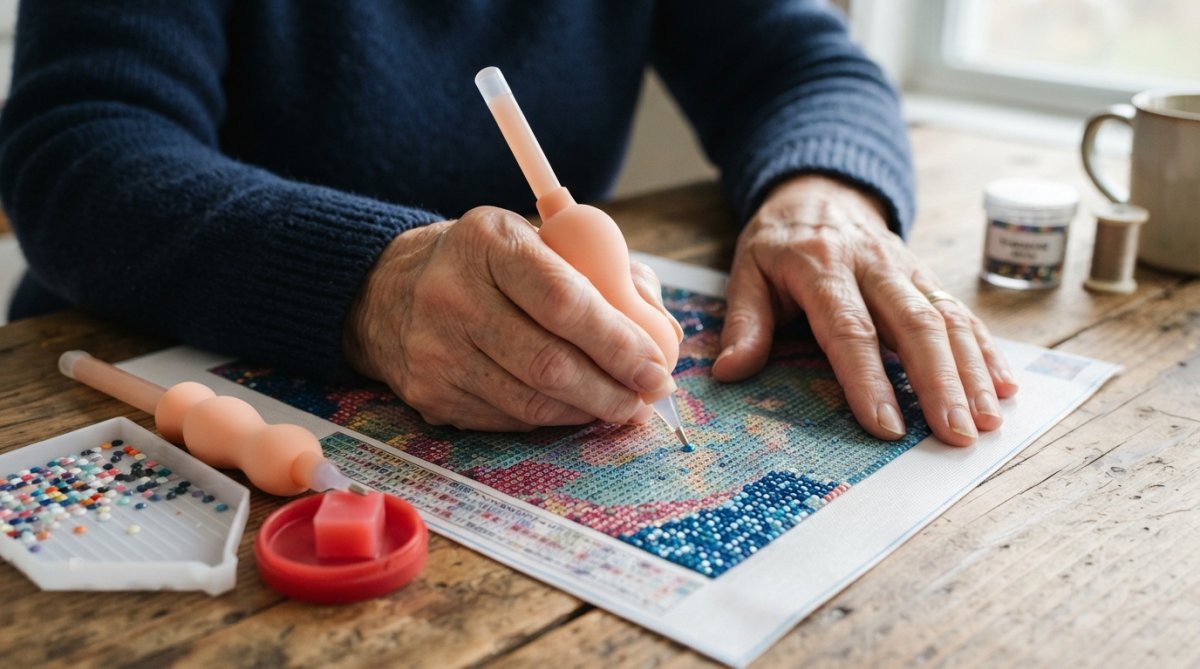 Close-up of a senior's hands holding an ergonomic diamond painting pen with a visible bubble grip, positioned over a canvas with diamond drills and a wax caddy nearby