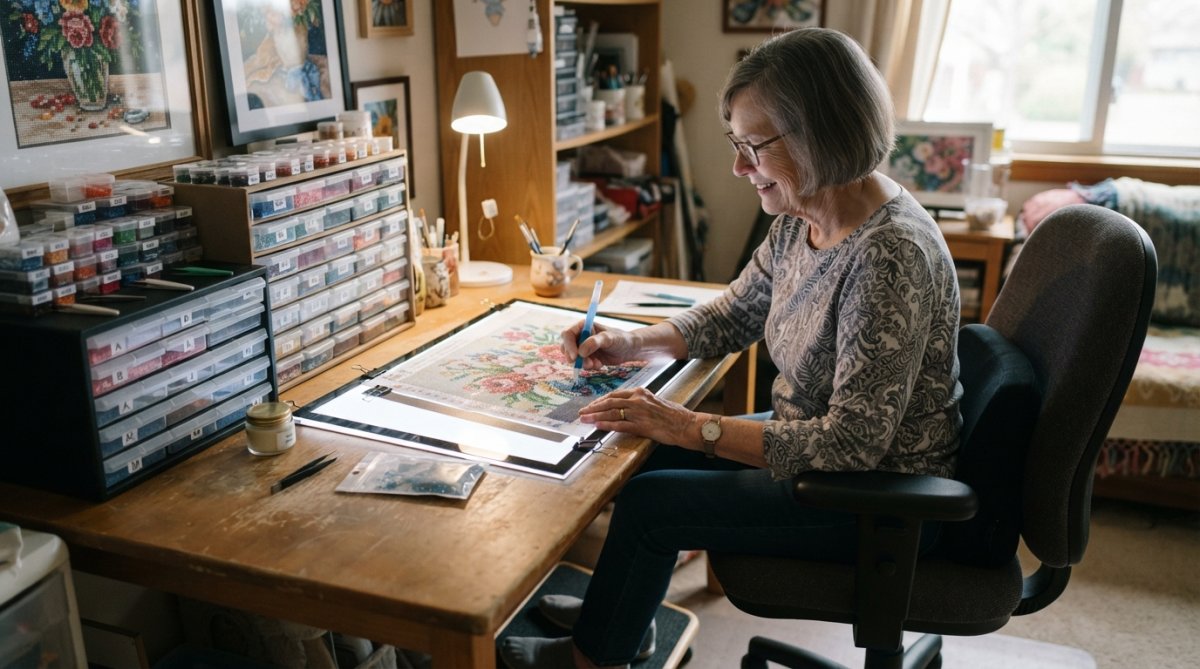 A well-organized senior's diamond painting workspace showing a light pad illuminating the canvas, storage trays with organized drills, an ergonomic pen holder, and proper desk posture setup with good chair support