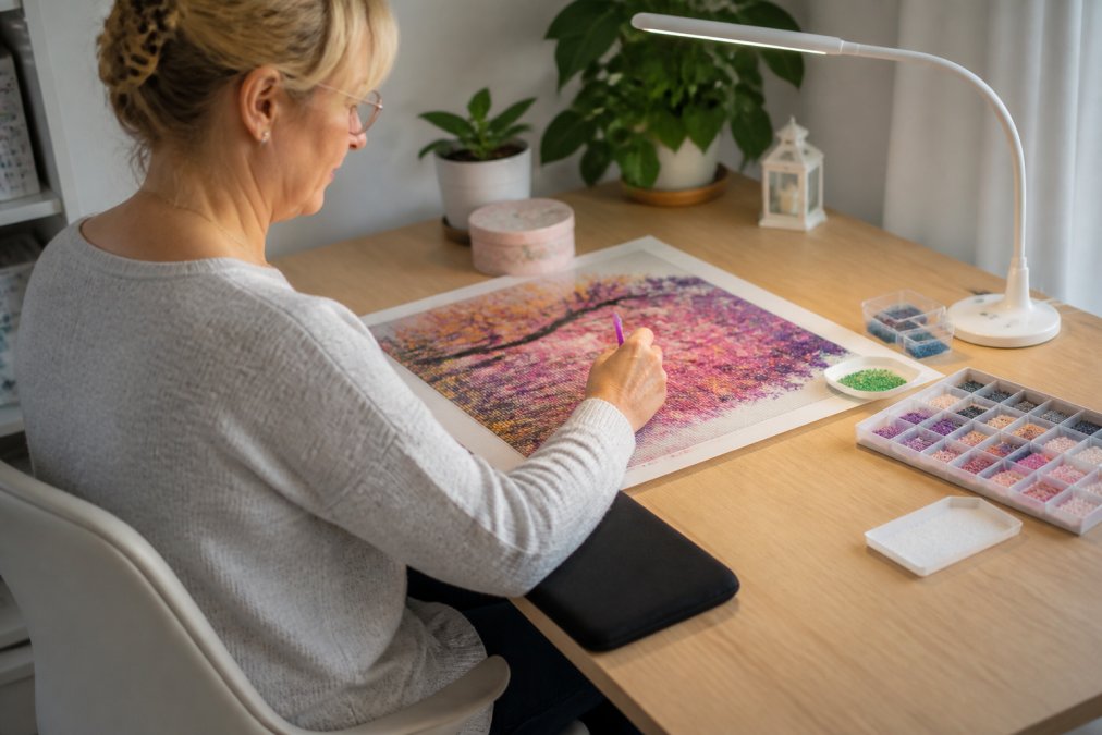 A crafter working on a diamond painting project at a comfortable desk setup with proper lighting, ergonomic wrist support, and good posture positioning