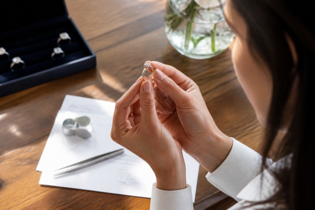 A person carefully examining an engagement ring under natural daylight, holding it at various angles to inspect clarity and brilliance, with a jeweller's loupe and gemological certification documents visible on a wooden desk nearby