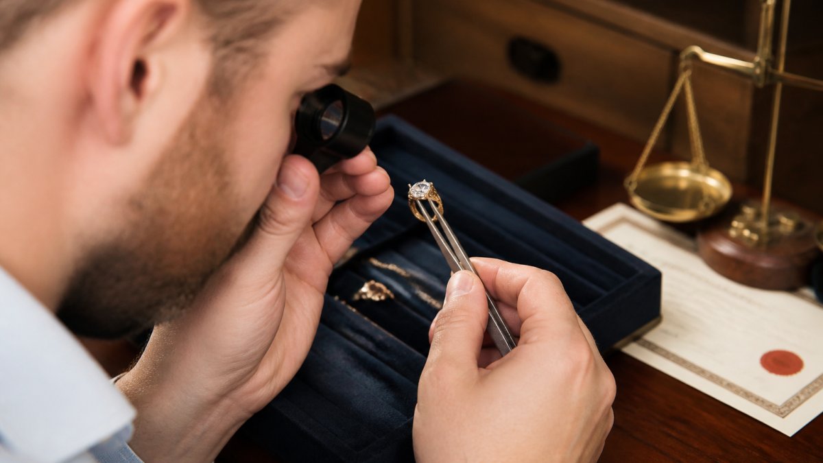 Close-up of a jeweller's hands using a loupe and tweezers to inspect an antique diamond ring on a velvet tray, with a small set of scales and a certificate visible in the background