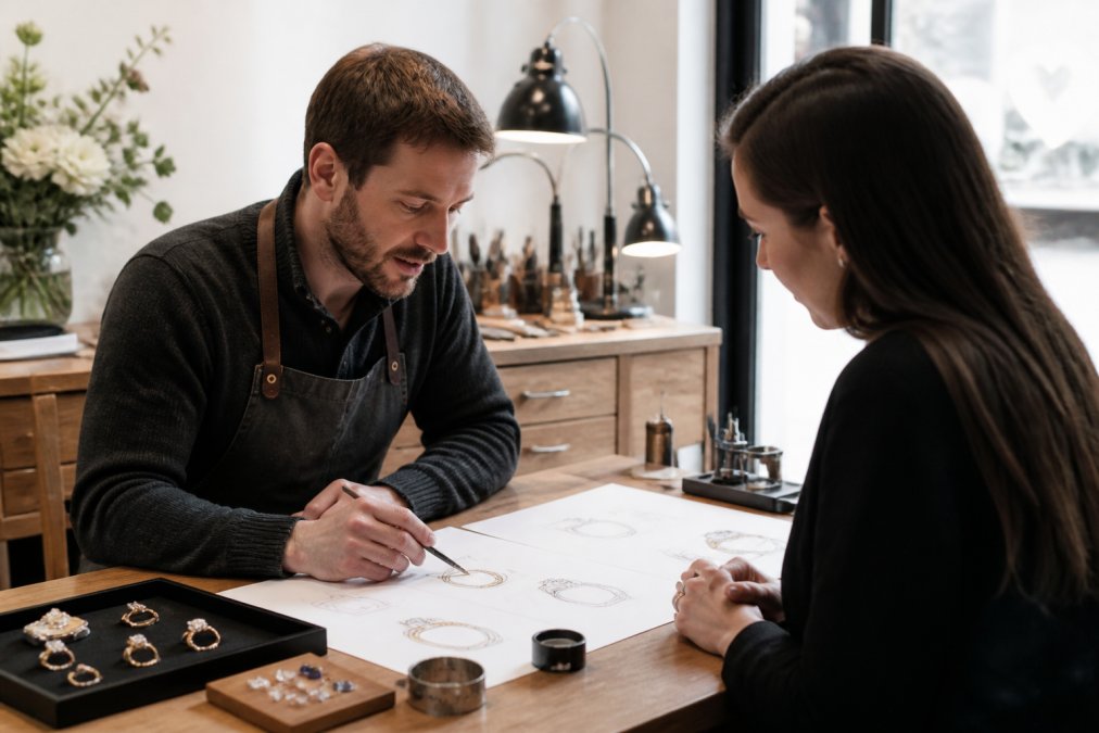 A skilled jeweler seated at a workbench with design sketches spread across the surface, discussing a custom diamond ring design with a client seated across from them, precious metals and gemstones visible, natural studio lighting