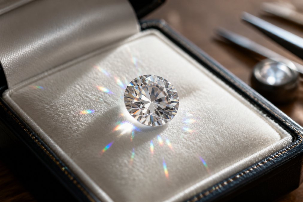 Close-up of a brilliant-cut diamond resting on a jeweller's white velvet pad, with light refracting through the facets to create vivid rainbow scintillation across the surface