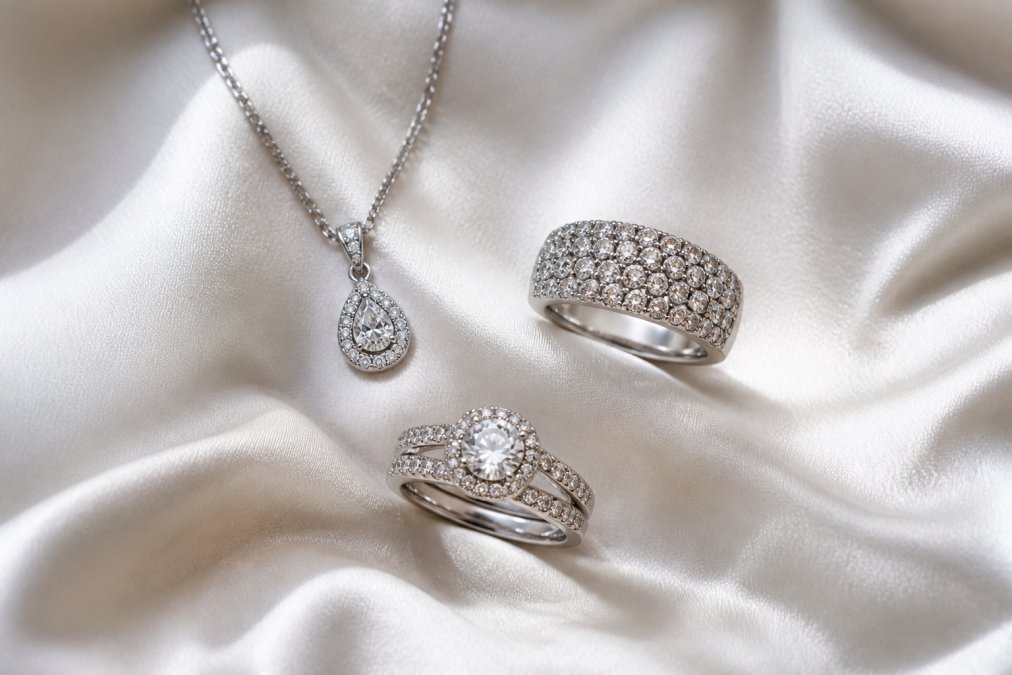 Flat-lay of three diamond jewellery pieces, a pendant necklace, a dress ring and a bridal set, arranged elegantly on white satin fabric with soft natural lighting