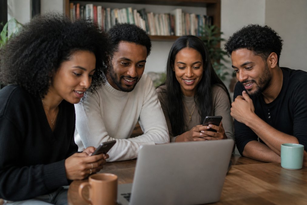 Diverse group of diaspora members engaged in video call discussion, with laptops and phones visible, showing active digital participation and transnational connection