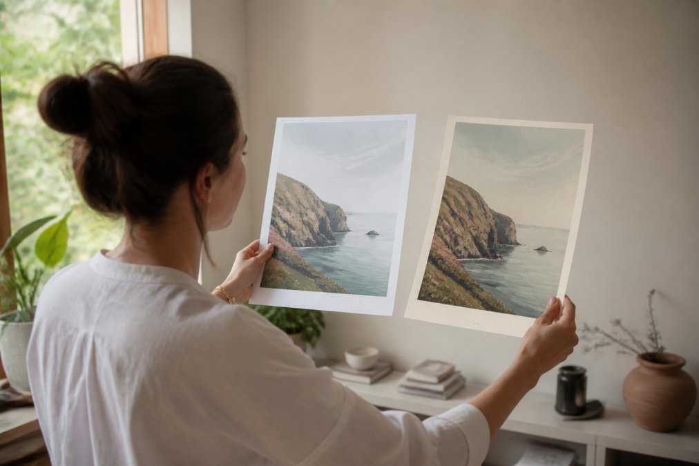 A person holding two unframed art prints side by side in a bright living room, comparing paper texture and colour against a neutral wall in soft daylight
