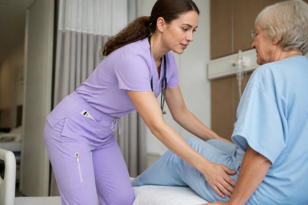 Nurse in clinical setting bending and reaching to assist patient, wearing scrub pants that maintain proper fit and position during dynamic movement