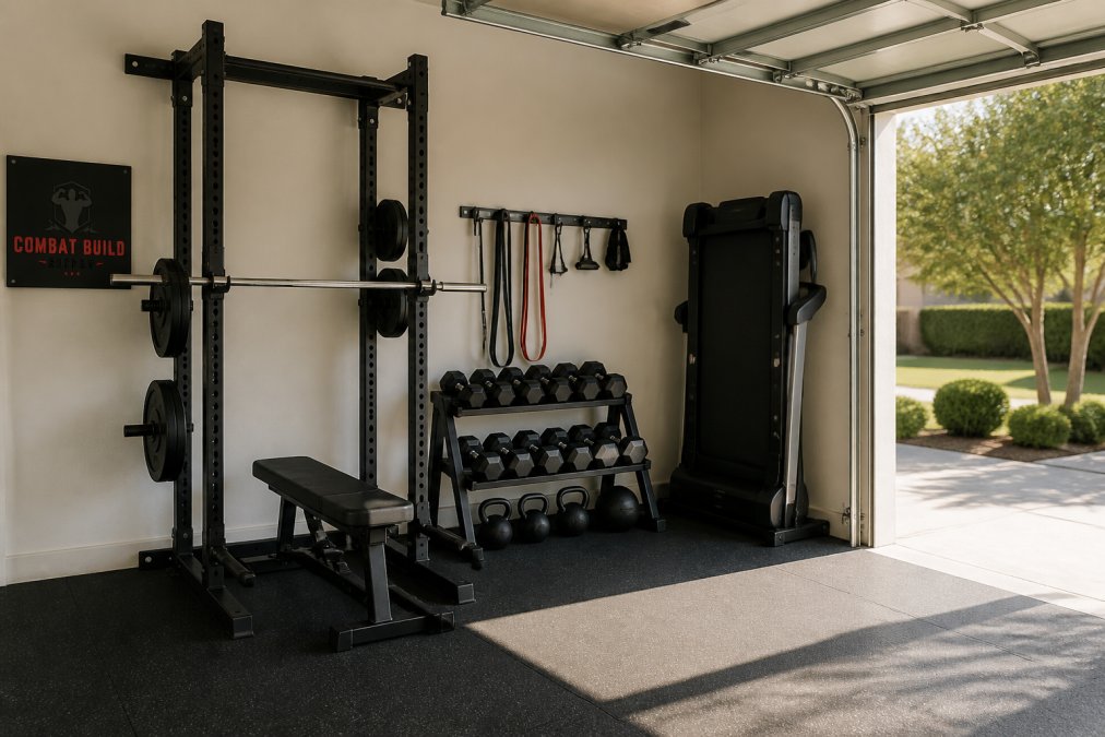 A clean garage home gym with a power rack against the wall, dumbbells organized on a twin-tier rack, and a folding treadmill stored upright in the corner, natural daylight through an open garage door