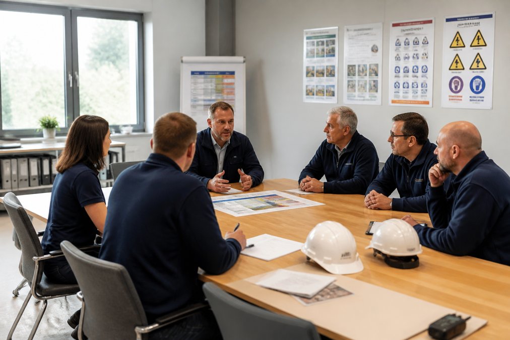 Betriebsleiter und Sicherheitsbeauftragte diskutieren im Rahmen der 4 Säulen Arbeitsschutzes in einer Sitzung.