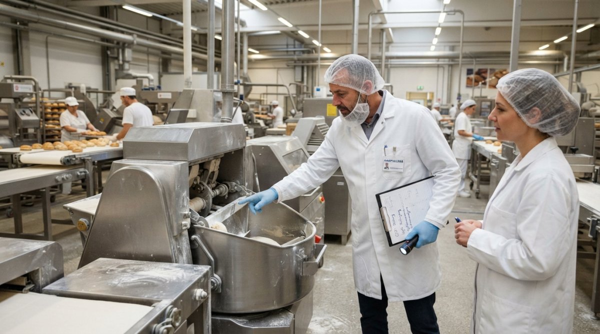 Lebensmittelkontrolleur im weißen Kittel prüft Gemüse zur Einhaltung der Grundsätze Lebensmittelsicherheit in einer Halle.