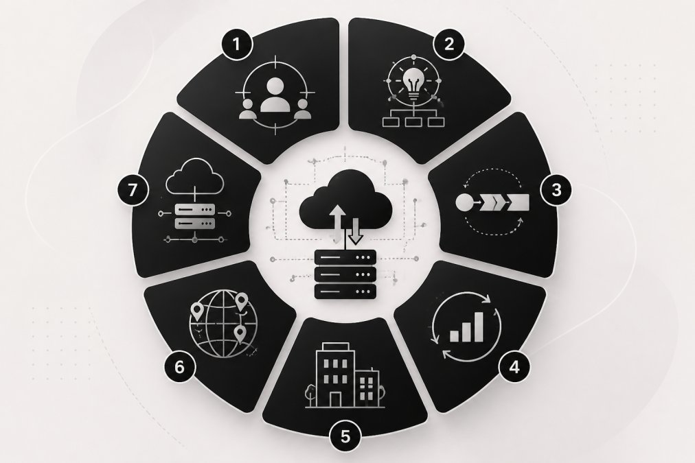 Kreismodell mit sieben Segmenten, jedes Segment als Symbol ohne Text: Kundenfokus, Geschäftsmodell, Prozesskette, Veränderung, Betriebsgröße, Reichweite, Cloud-Infrastruktur, schwarz-weiß