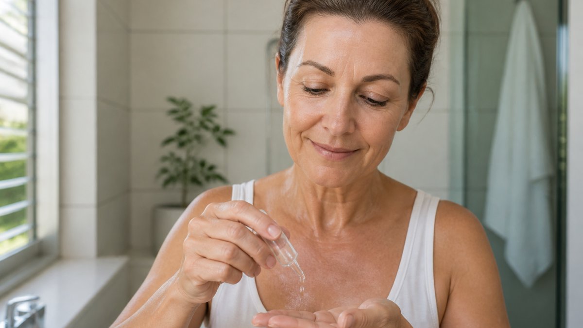 Nahaufnahme einer Frau mittleren Alters, die ein Ampullen-Concentrate in ihre Handfläche träufelt und es sanft in ihre feuchte Gesichtshaut einmassiert, mit natürlichem Licht