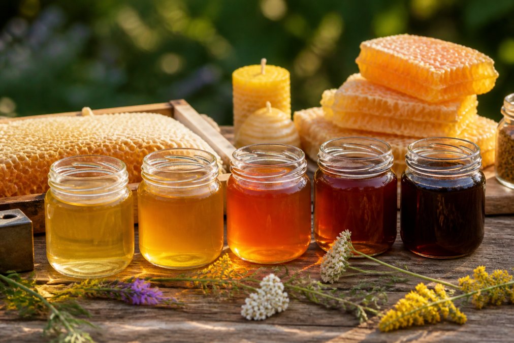 Nahaufnahme von fünf verschiedenen Honiggläsern mit unterschiedlichen Farben von hellgolden bis dunkelbraun auf rustikalem Holztisch, mit offenen Waben und Bienenwachskerzen im Hintergrund