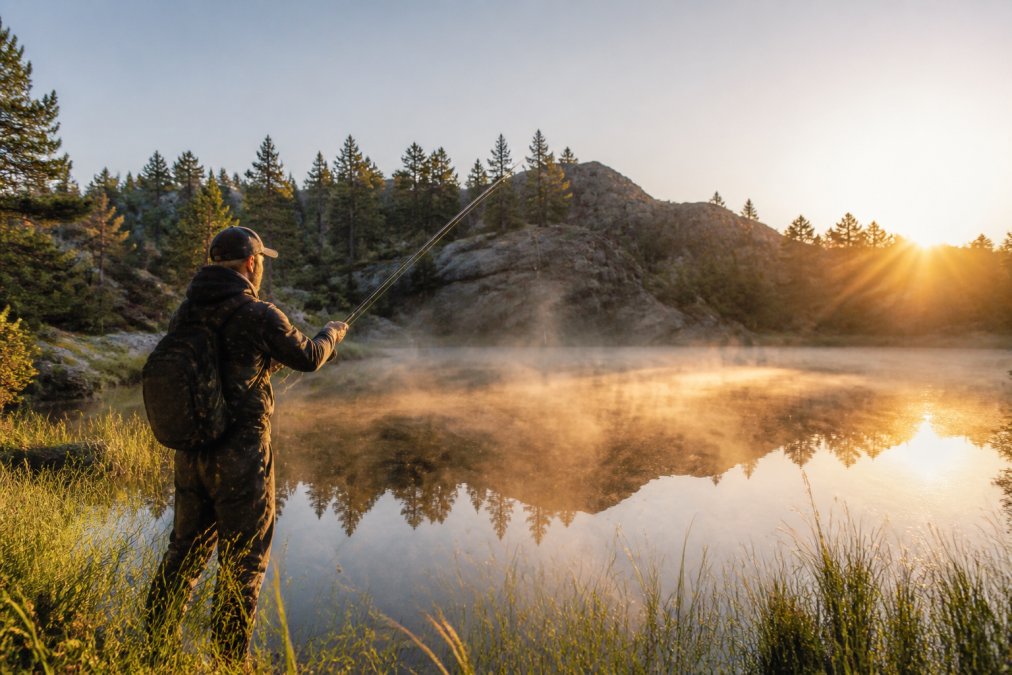 Ein ruhiger Teich im Waldviertel bei Sonnenaufgang, umgeben von Granithügeln und Nadelbäumen, mit einem Angler, der am Ufer steht und die Rute auswirft
