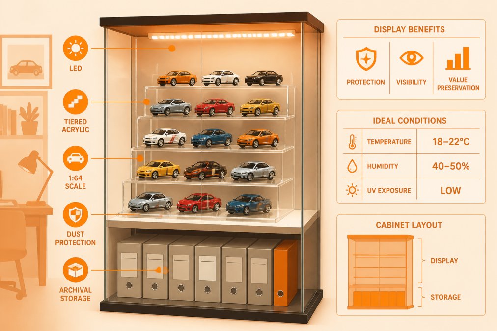 A collector's glass display cabinet in a home study, filled with 1:64 scale diecast model cars on tiered acrylic stands, soft LED strip lighting above, boxes stored in archival sleeves on the shelf below