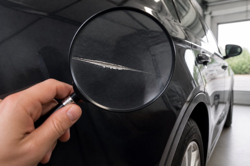 Close-up van een donkergrijze autolak met een diepe kras die tot op de primer reikt, een hand houdt een vergrootglas boven het beschadigde oppervlak in een garage met daglicht