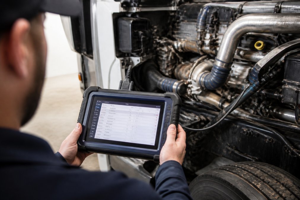 Professional technician holding a ruggedized diesel diagnostic scanner connected to a heavy-duty truck engine via CAN bus adapter cables, with the scanner display showing live data stream readings and fault codes in bright workshop lighting