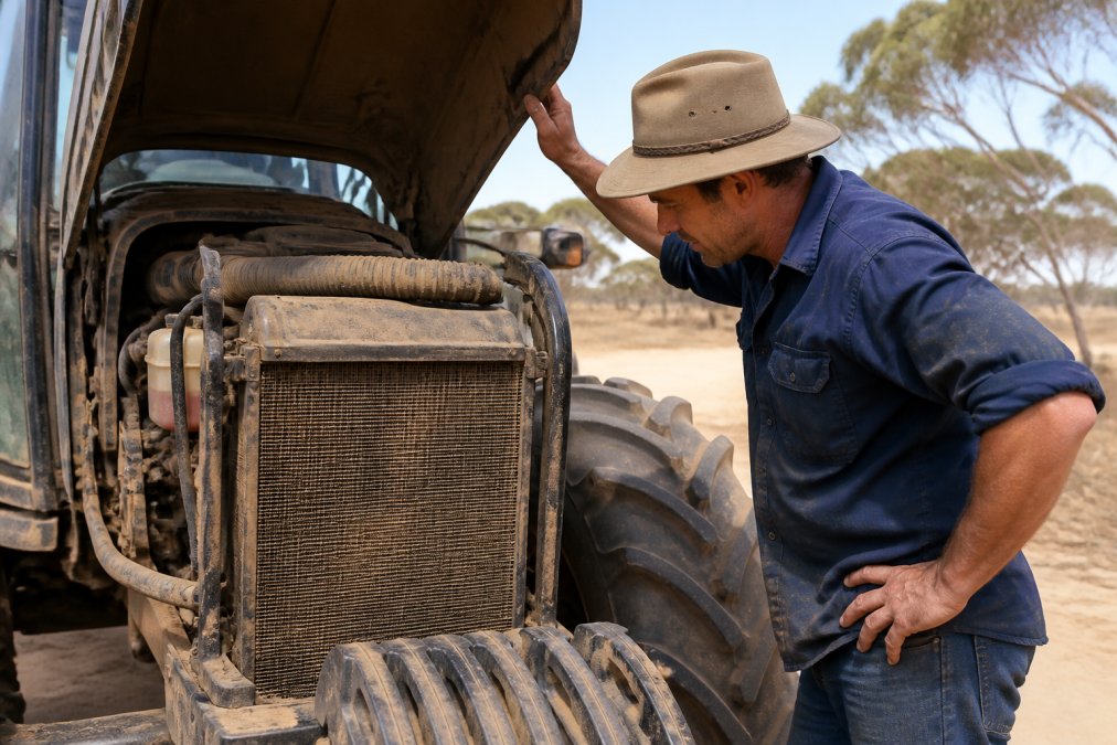 A farmer in a dusty paddock near Mildura inspecting the open engine bay of a large tractor, with dust visible on the radiator core