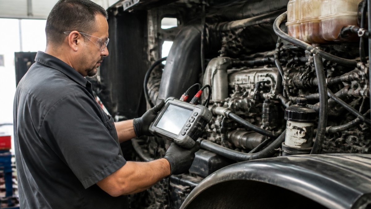 Professional diesel technician using diagnostic scanner connected to heavy-duty truck engine in well-lit service bay, focused on scanner display showing fault codes and real-time sensor data