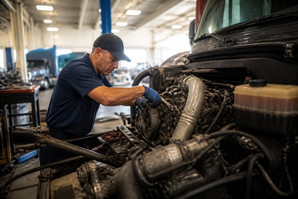 Professional diesel engine mechanic in uniform performing detailed inspection of truck engine in modern repair facility with diagnostic equipment and bright overhead lighting